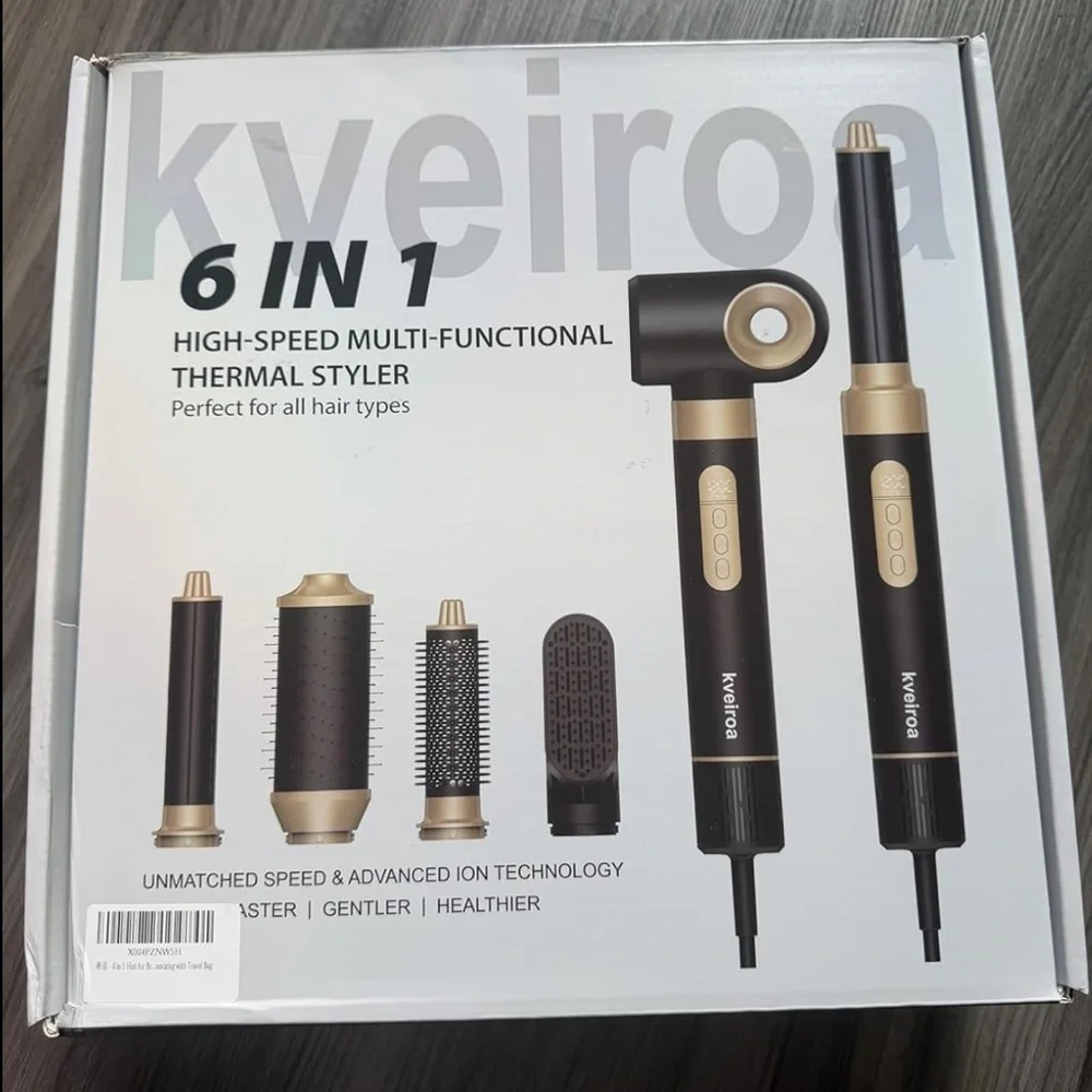 NEW! 6 in 1 Hot Air Brush & Hair Dryer with Auto Wrap Curlers Black Gold